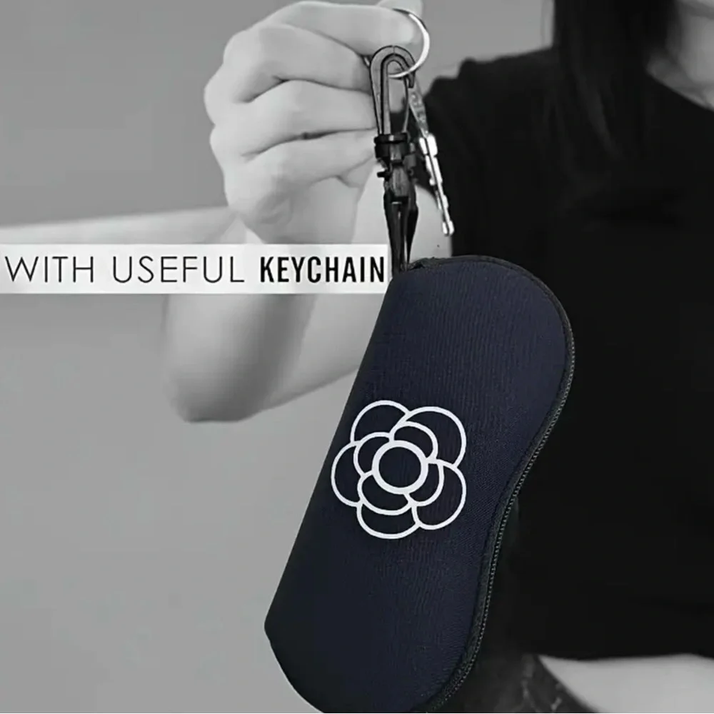 Elegant Black Glasses Case with Keychain, NEW, Camilla Flower